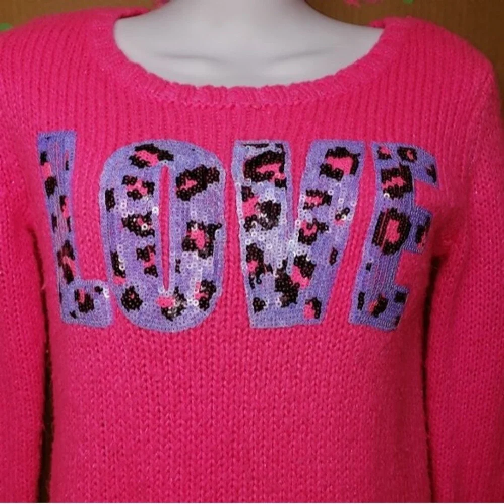 JUSTICE LOVE HOT NEON PINK SEQUINED SWEATER SIZE 12